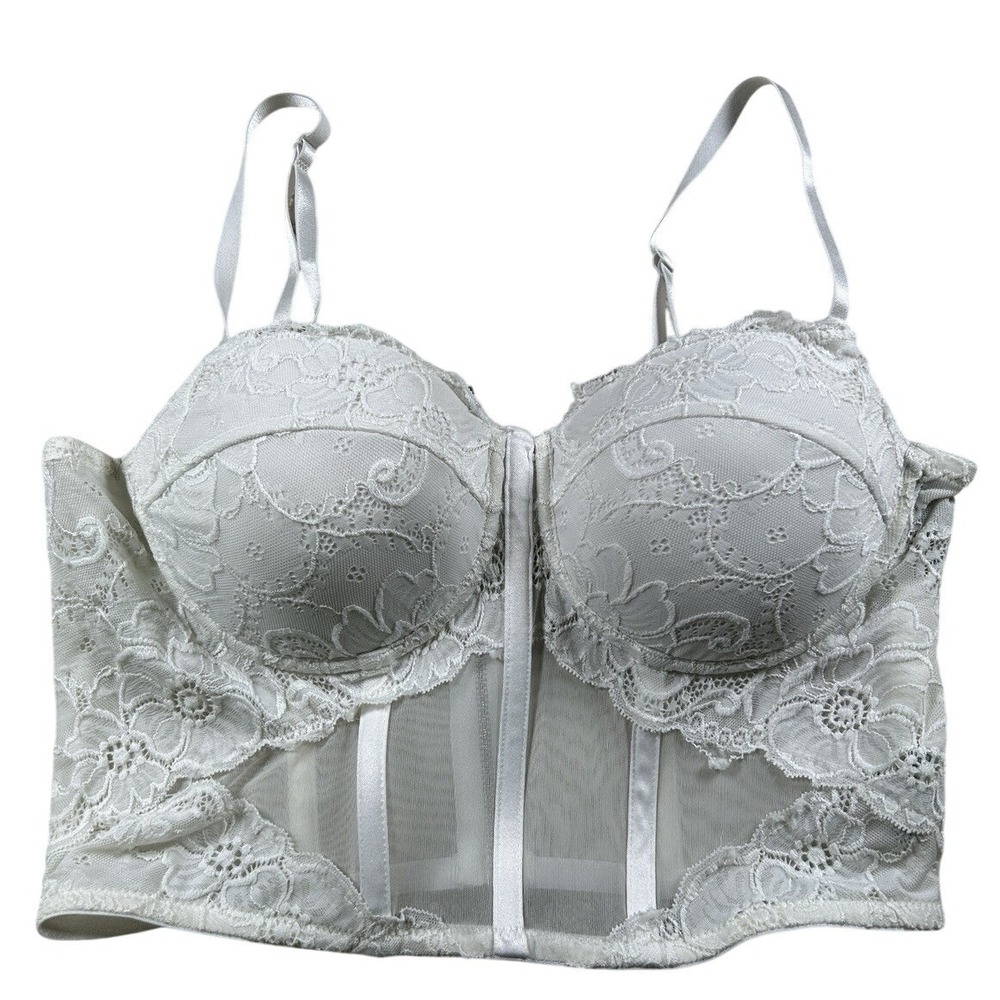 Say What Floral Lace Corset Bustier Top L White Sheer Mesh Back Zip Coquette